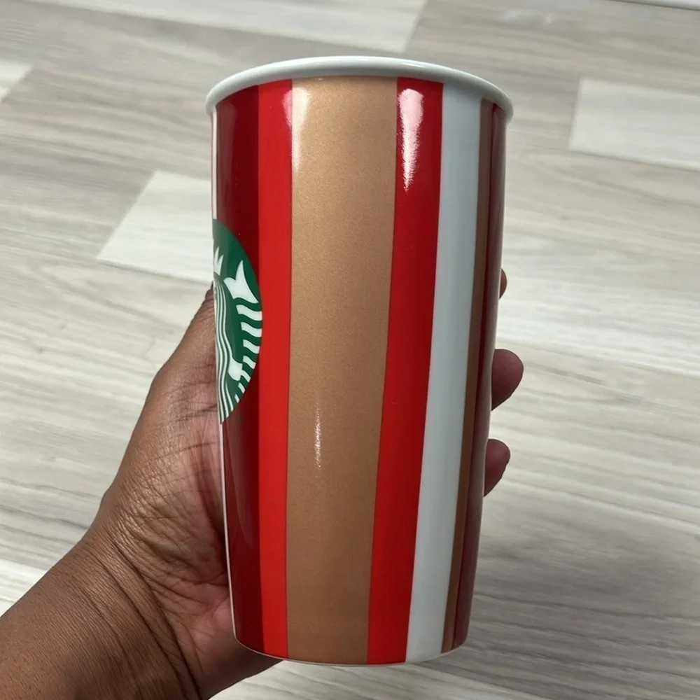 Starbucks Holiday Ceramic Tumbler Red Stripe Double Wall Travel 12 Oz Cup No Lid